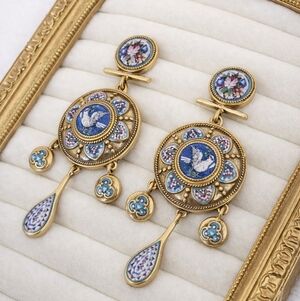 Ornate Micro Mosaic Bird Dangle Earrings | Vintage-Inspired Gold Tone